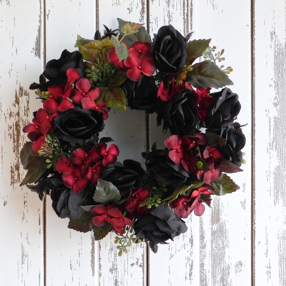 Halloween Wreath Black Rose and Red Hydrangea Dark Moody Fall Wreath Spooky